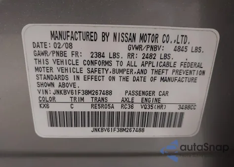 2008 Infiniti G35X z USA, uszkodzony, nr VIN JNKBV61F38M267488